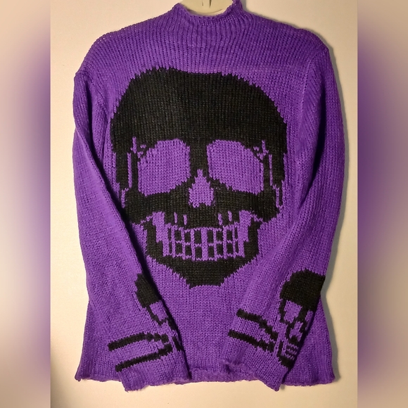 TRIPP nyc Purple Long Sleeve Black Skull Sweater Size M GOTH STEAMPUNK - Picture 2 of 10